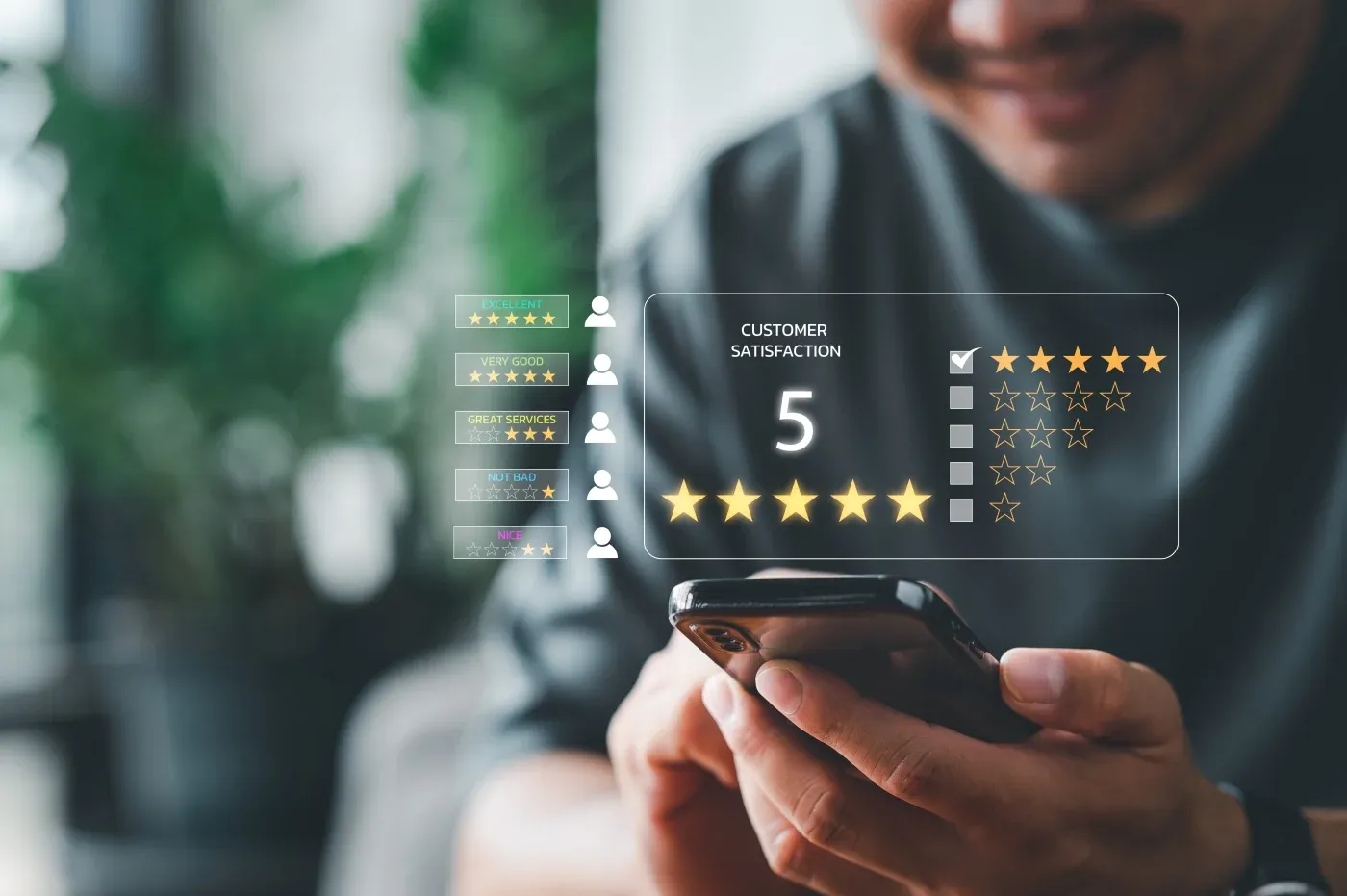 A homeowner using their phone to leave a 5-star review for a home improvement contractor.
